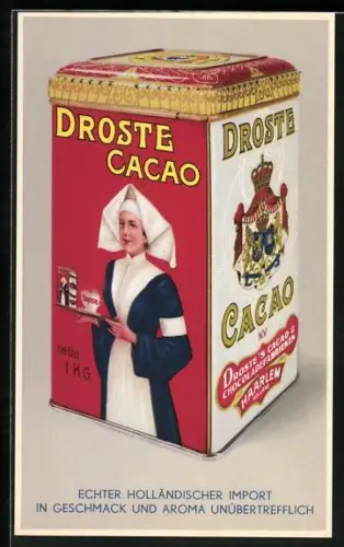 AK Cacao Droste, Dose mit Wappen und Frau mit Haube