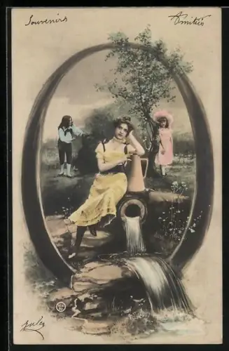 AK Buchstabe O, Frau sitzt nachdenklich mit einem Krug an einem Bach