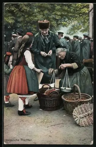 AK Hessische Trachten, Junger Mann und Mädchen auf dem Markt