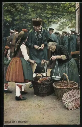 AK Hessische Trachten, Junger Mann und Mädchen auf dem Markt