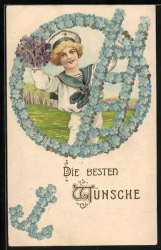 AK Matrose steht mit Blumen auf Leiter aus Vergissmeinnicht, Anker, Die besten Wünsche