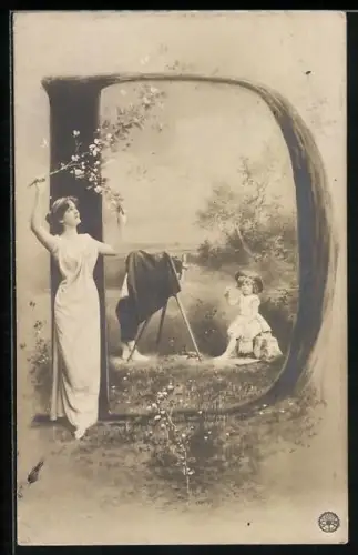 AK Buchstabe D, Mädchen sitzt vor einem Fotoapparat