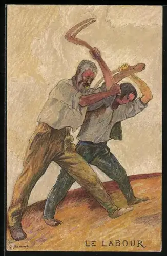 Künstler-AK Le Labour, Schweizer Bundesfeier, Bauern bei der Feldarbeit