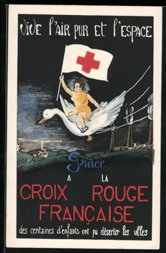 AK Frau mit Fahne des Roten Kreuzes sitzt auf über die Landschaft fliegender Gans, La Croix Rouge Francaise