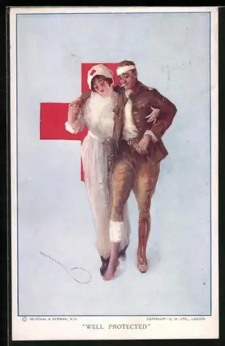 Künstler-AK Rotes Kreuz, Well Protected, Rot Kreuz Schwester stützt verwundeten Soldat