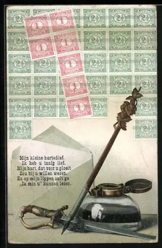 AK Briefmarken mit Tintenfass, Schreibfeder und Degen