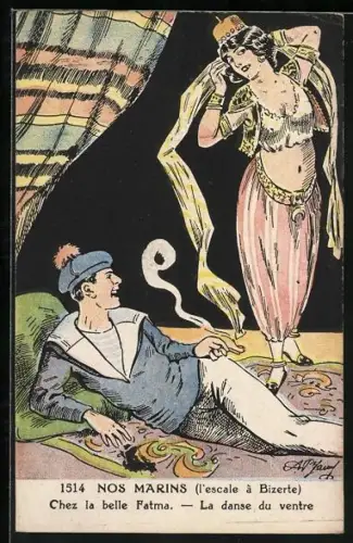 Künstler-AK sign. Jarry: Nos Marins, l`escale à Bizerte, Chez la belle Fatma - La danse du ventre, Bauchtänzerin, Erotik