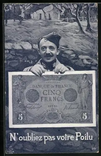AK N`oubliez pas votre Poilu, Soldat mit Banknote