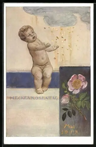 AK München, Heckenrosentag, Mai 1912, Nackter Junge, Geldmünzen fallen aus der Wolke