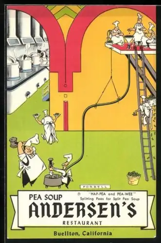 Lithographie Buellton, CA, Pea Soup Andersen`s Restaurant, Werbung