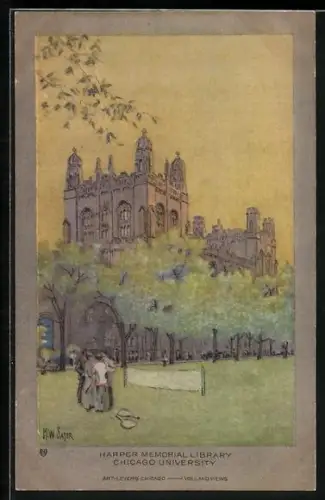 Künstler-AK Chicago, IL, University, Harper Memorial Library, Tennisplatz