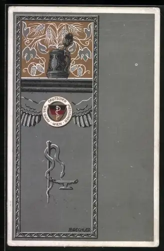 Künstler-AK Wien, Akad. Ver. Deutscher Mediziner, Wappen und Krug