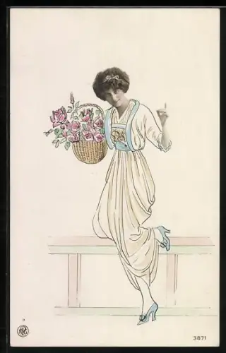 Foto-AK NPG Nr. 3871: Fotomontage mit Kopf und Hand einer Dame auf einer Zeichnung mit Blumen