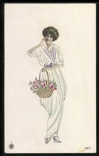 Foto-AK NPG Nr. 3871: Dame mit Blumenkorb, Fotomontage