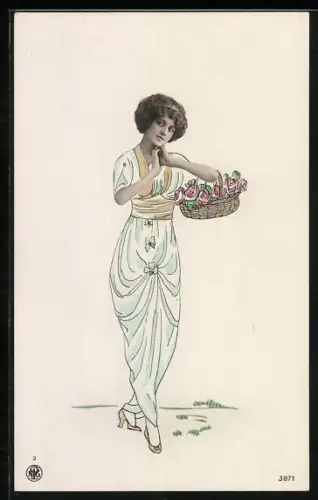 Foto-AK NPG Nr. 3871: Dame mit Korb voller Rosen, Fotomontage
