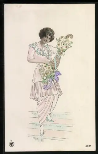 Foto-AK NPG Nr. 3871: Frau mit Füllhorn voller Blumen, Fotomontage