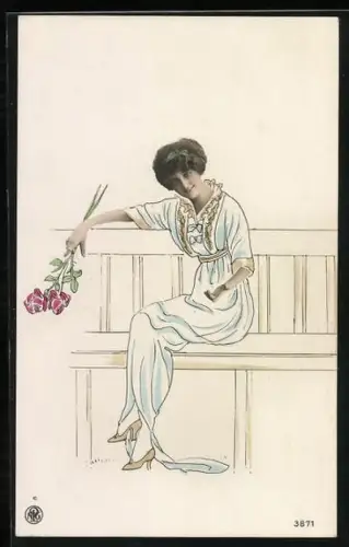 Foto-AK NPG Nr. 3871: Frau sitzt mit Rosen auf einer Bank, Fotomontage