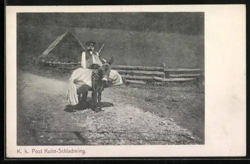 AK Schladming, K. K. Post, Postbote mit Esel