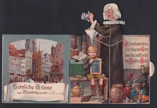 mechanische-AK Nürnberg, Ortsansicht, Lehrer mit Nürnberger Trichter und seinem Schüler, Antiblödin, Gehirnelexir