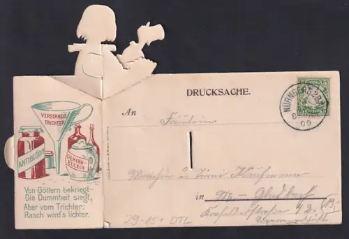 mechanische-AK Nürnberg, Ortsansicht, Lehrer mit Nürnberger Trichter und seinem Schüler, Antiblödin, Gehirnelexir