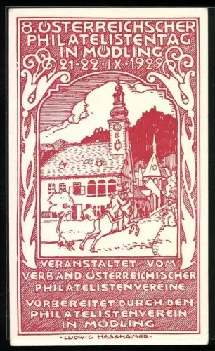 Künstler-AK sign. Ludwig Hesshaimer: Mödling, 8. Österreichischer Philatelistentag 1929, Reiter am Rathaus, Ganzsache