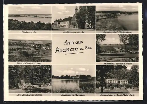 AK Krakow a. See, Rathaus, Kirche, Seepromenade, Konzerthausl, Blick vom Aussichtsturm