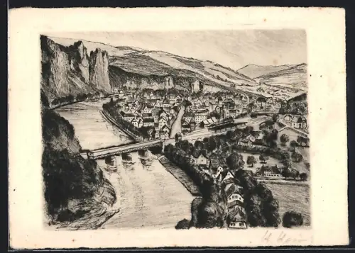 Künstler-AK Bad Münster a. Stein, Blick vom Felseneck