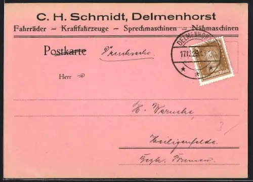 AK Delmenhorst, C. H. Schmidt Fahrräder u. Kraftfahrzeuge, Zahlungsbenachrichtigung