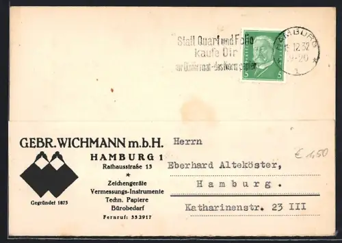 AK Hamburg, Gebr. Wichmann m.b.H., Rathausstrasse 13, Zeichengeräte, Firmen-Logo