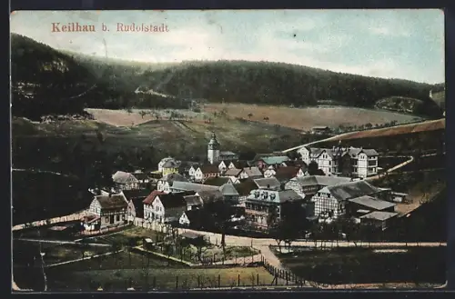AK Keilhau b. Rudolstadt, Ortsansicht mit Kirche und umliegenden Gebäuden