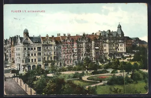AK Plauen i. V., Dittrichplatz, Wohnhäuser, Parkanlage