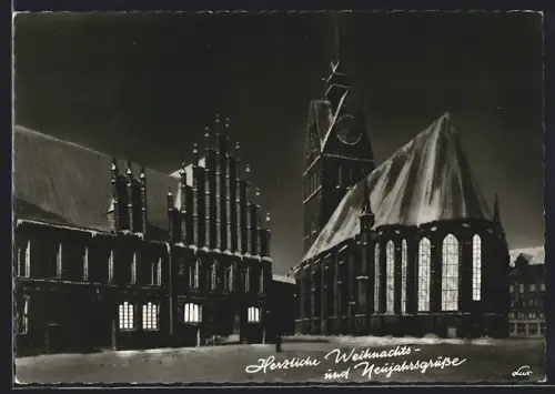 AK Hannover, Altes Rathaus mit Marktkirche bei Nacht