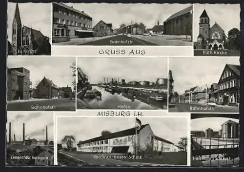 AK Misburg, Bahnhofstrasse, Zementfabrik Germania, Hindenburg-Schleuse