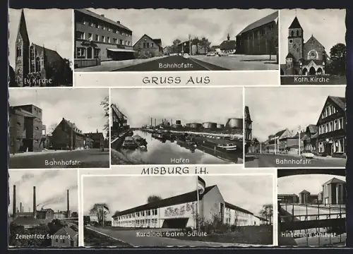 AK Misburg, Bahnhofstrasse, Zementfabrik Germania, Hindenburg-Schleuse