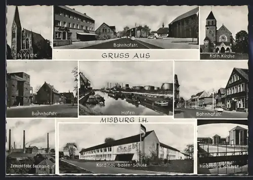 AK Misburg i. H., Die Bahnhofstrasse, Die Ev. Kirche und die Kath. Kirche, Der Hafen