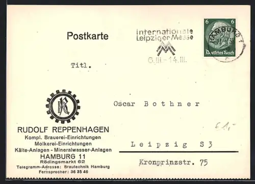 AK Hamburg, Korrespondenz Fa. Rudolf Reppenhagen, Kompl. Brauerei- und Molkerei-Einrichtungen, Rödingsmarkt 62