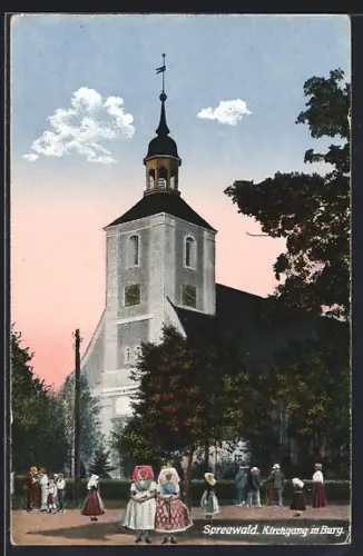 AK Burg /Spreewald, Kirchgang, Trachten, Kirche