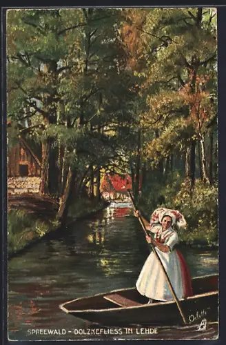 Künstler-AK Lehde / Spreewald, Dolzkefliess, Tracht, Spreewaldkahnfl