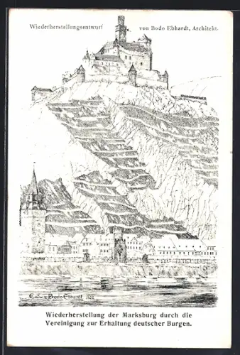 Lithographie Braubach, Wiederherstellungsentwurf der Marksburg von Bodo Ebhardt, Burg und Ort