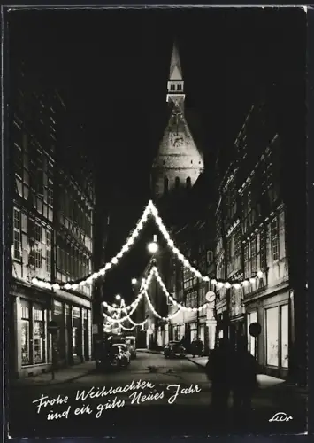AK Hannover, Kramergasse mit Marktkirche, Weihnachtsbeleuchtung