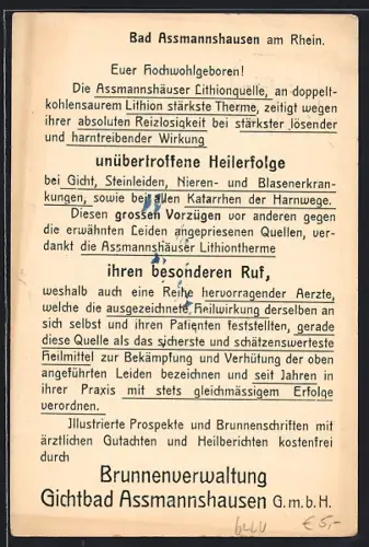AK Bad Assmannshausen am Rhein, Assmannshäuser Lithionquelle, Brunnenverwaltung, Infotext