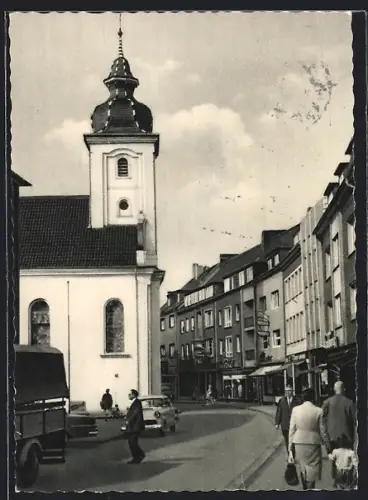 AK Essen, Kirche und Geschäftshäuser an der Kettwiger Strasse