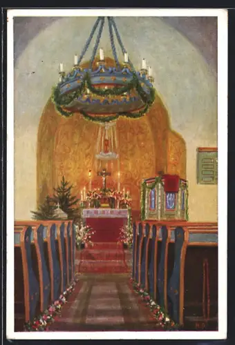 Künstler-AK Oberbärenburg, Evangelische Kapelle, Innenansicht, Altar, Weihnachtsdekoration