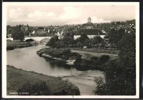 AK Oedheim a. Kocher, Flusslandschaft, Brücke, Ortsansicht mit Kirche