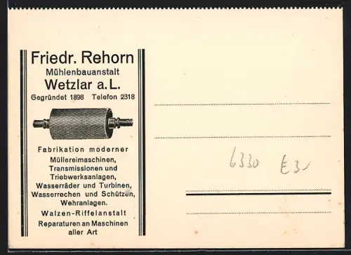 Lithographie Wetzlar a. L., Mühlenbauanstalt Friedr. Rehorn, Walze