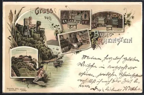 Lithographie Rheinstein, Burgansicht, Innenräume, Schweizerhaus