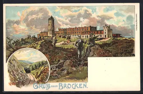 Lithographie Brocken, Brockenhotel mit Aussichtsturm, Wanderer