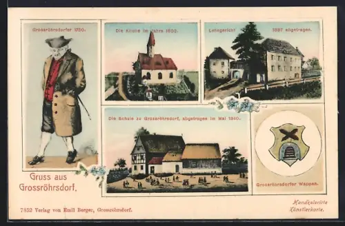 AK Grossröhrsdorf, Kirche im Jahre 1800, Lohngericht abgetragen 1887, Schule abgretragen 1840, Wappen