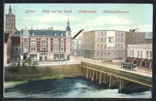 AK Guben, Blick auf die Stadt, Neissebrücke, Elektrizitätswerk