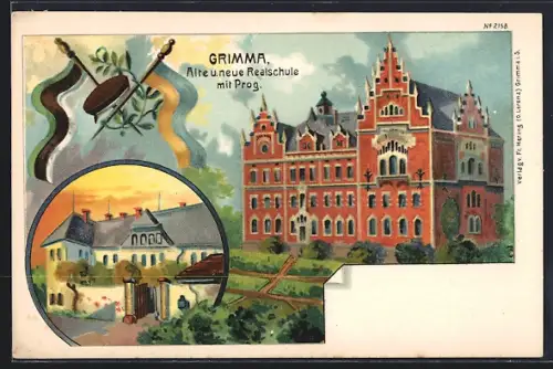 Lithographie Grimma, Alte und neue Realschule mit Prog.
